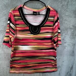 Rafaella XL Pink Striped Embellished Crochet Neckline Bohemian Eclectic Artsy